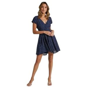 Showpo Mini Dress Navy Blue White Polka Dot‎ Button Front Fall Flirty Party Cute